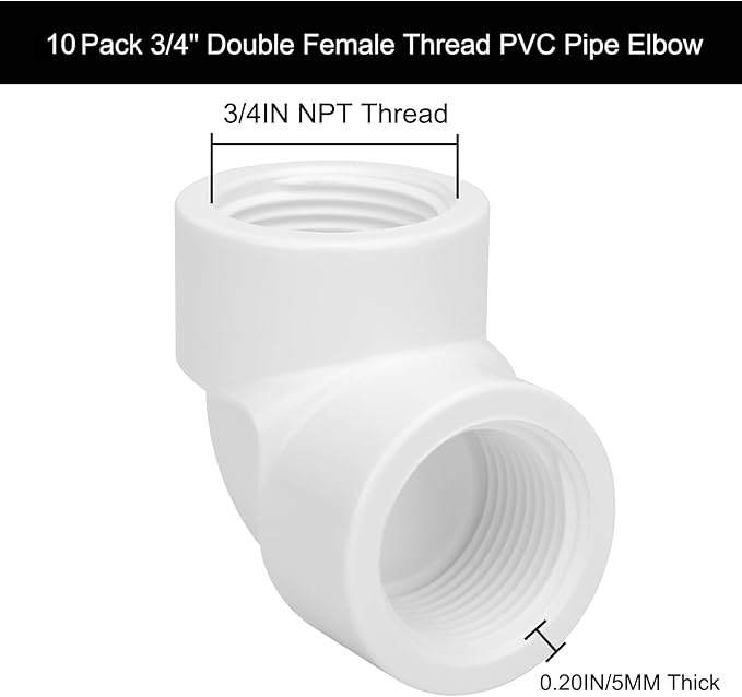 10Pack 3/4" Double Female Thread 90 Degree PVC Elbow Pipe Fitting Connector SCH40 3/4IN F to F Threaded 90 Degree Elbow PVC Corner Adapter Pipe Fitting for Home Sewer Plumbing Water Line