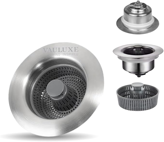 Upgraded 3in1 Kitchen Sink Drain Strainer & Sink Stopper, Stainless Steel Kitchen Drain Plug & Sink Installation Parts with Anti-Clogging Basket, Fit US Standard 3-1/2.8'' Sink Drain Hole