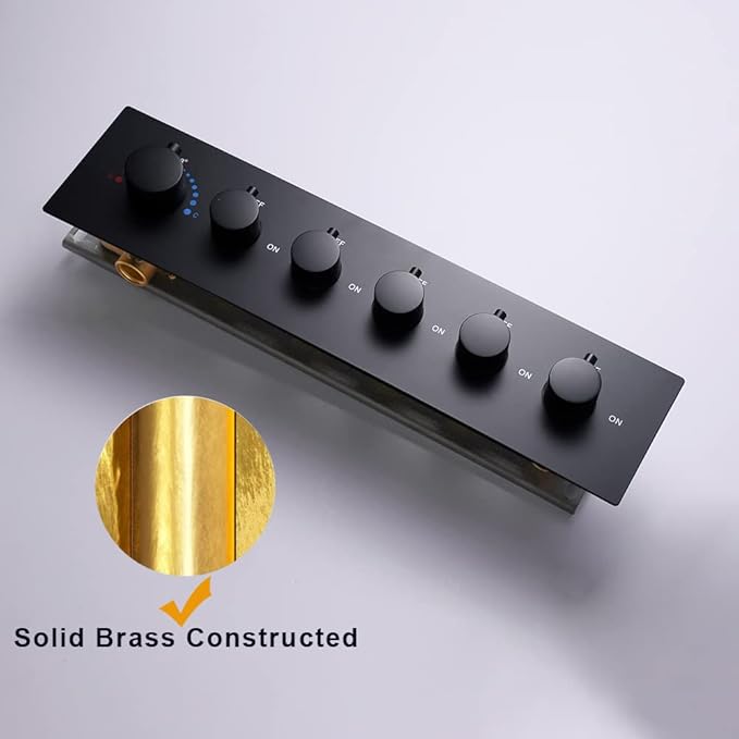 AYIVG 6 Outlet 5 Functions Brass Shower Diverter Thermostatic Valve Pressure Balanced Mixer with Trim Can Use All Function At a Time Flow Can Be Controlled Matte Black