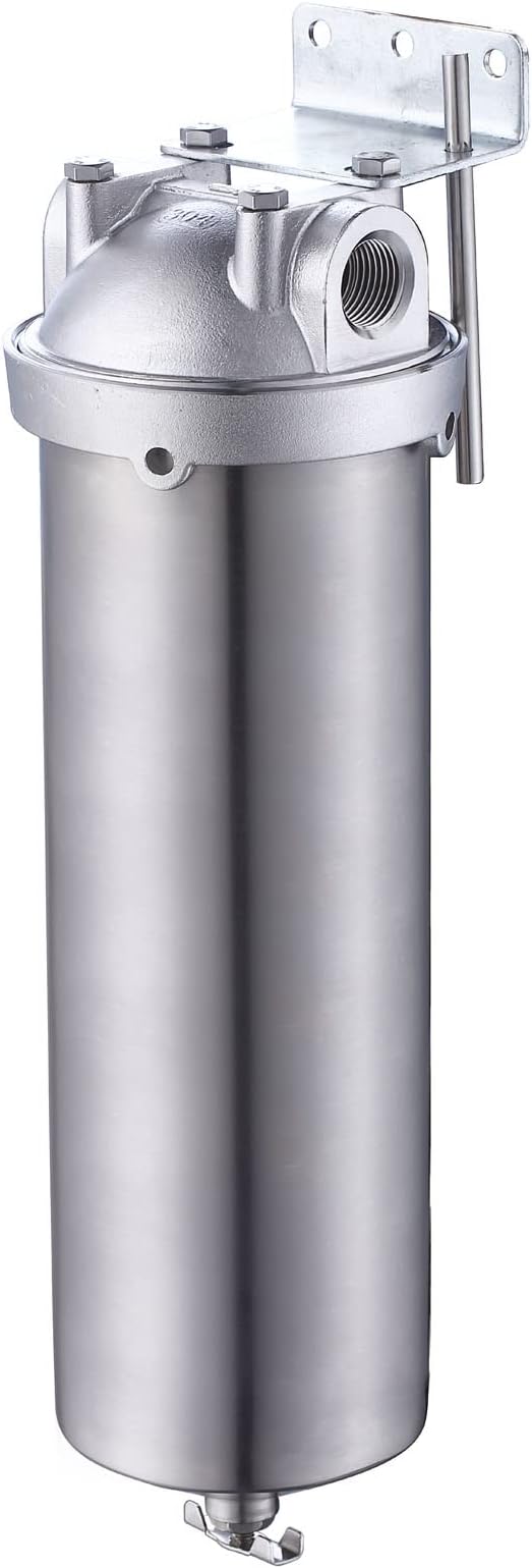 Amwater NSF/ANSI 42 Stainless Steel Whole House Water Filter Housing, 10" x 2.5" Sediment Water Filter System for Heavy Duty, Well & City Water, 3/4" NPT Port, Drain Valve Style A