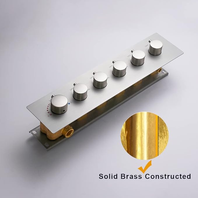 AYIVG 5 Functions Shower 6 Handles Valve Trim Kit Brass Shower Diverter Thermostatic Valve Pressure Balanced Mixer in Brushed Nickel Can Use All Function At a Time Flow Can Be Controlled