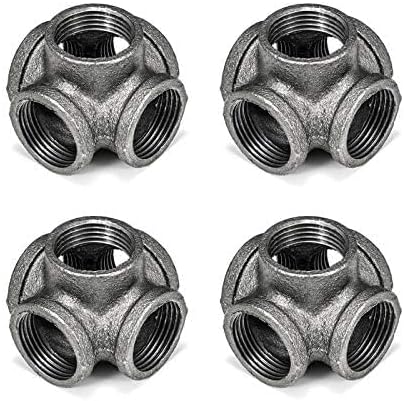 1" 5-Way Side Outlet Tee, Home TZH 4-Pack 5-Way Corner Gray Malleable Cast Iron Pipe Fitting for Industrial Pipe, Furniture and DIY Decoration (4, 1")