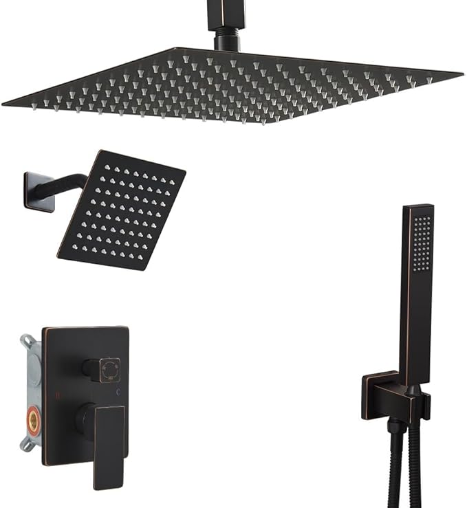 Shower Faucet Set Oil Rubbed Bronze Shower System, Knob Switch Diverter Shower Faucet with High Pressure Handheld Spray, Ceiling Mount 12 Inch Shower Head with 6 Inch Wall Mount Shower Head
