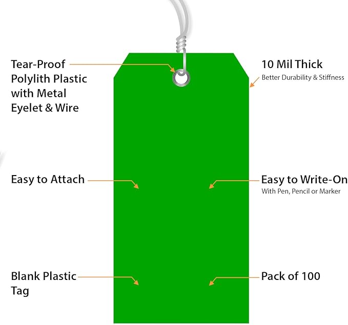 SmartSign Pack of 100 Green Plastic Tags with Wires, 4.75 x 2.375 inch, Metal Eyelet, 10 mil Tear-Proof Polylith Plastic Size-5, Writable