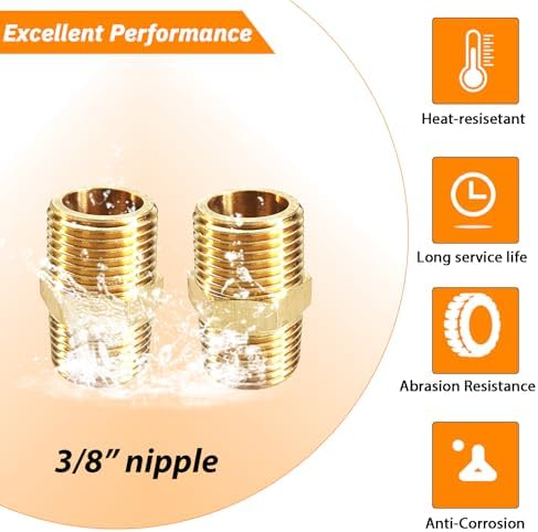 2PCS Hex Brass Nipple 3/8"NPT Male X 3/8" NPT Male Pipe Fitting 3/8 inch Brass Pipe Nipples Male Pipes Adapter Fittings Heavy Equal Nipples Connectors