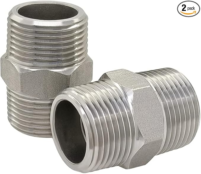 Hooshing 2PCS Hex Nipple 1" Male NPT Stainless Steel 304 Threaded Pipe Fittings Coupling for Brew Kit Home Piping