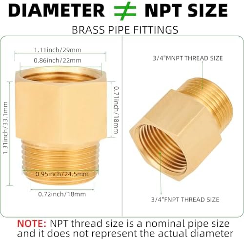 Brass Pipe Fitting,3/4 Inch NPT Male to 3/4 Inch NPT Female Brass Pipe Hose Tube Fitting 3/4'' Male NPT to 3/4'' Female NPT Reducer Adapter 5pcs (3/4 npt male x 3/4 npt female)