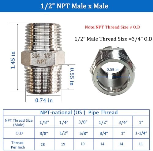 1/2" NPT Stainless Steel Hex Nipple, 4PCS Male to Male Pipe Fitting Adapter