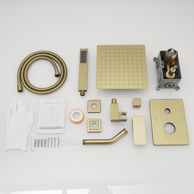Brushed Gold Shower System 8 Inch Bathroom Luxury Rain Mixer Shower Combo Set Wall Mounted Rainfall Shower Head and Handheld System Shower Faucet Set Rough-in Valve Body and Trim Kit