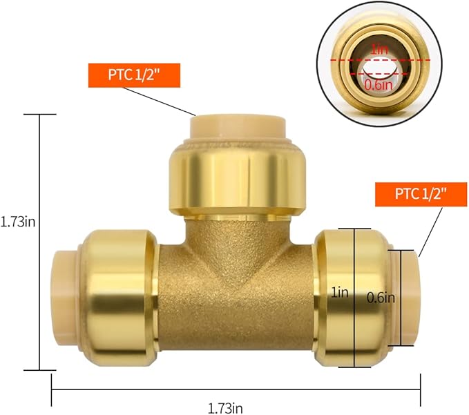 6 Pack Push-to-Connect Plumbing Fittings, 1/2" Pushfit Tee Fittings with Disconnect Clip for Copper, PEX, CPVC Pipe