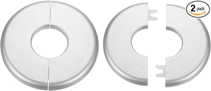 HARFINGTON 2pcs Wall Split Flange 33.5mm/1.3" Self-Adhesive Plumbing Cover Plates ABS Plastic Round Escutcheon Plate Buckle Design for Water Pipe Bathroom Kitchen Decoration, Silver Tone