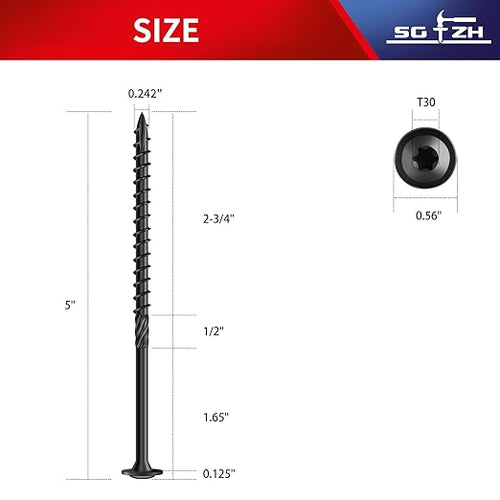 #14 x 5 Inch Lag Screws (25Pcs) 1lb. Structural Wood Screw, Black, Carbon Steel, Washer Head, Rust Resistant epoxy Coated, T30 Star Bit