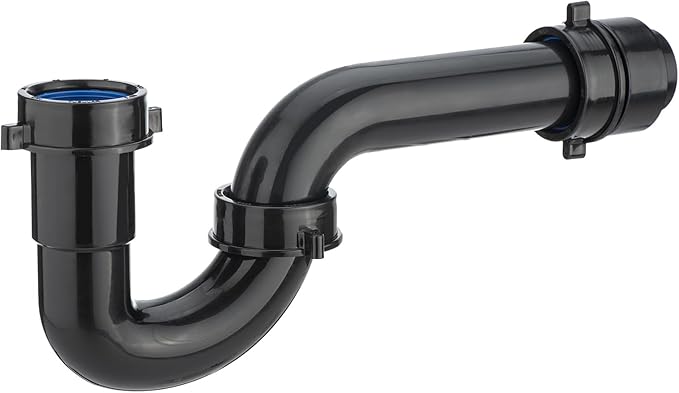 (1 Pack) Yariwiz Black P Trap 1 1/2 Inch for Bathroom Kitchen Sink Drain Pipe Tubular Kit with Black Threaded Adapter and Blue TPE Washer KSD-001B