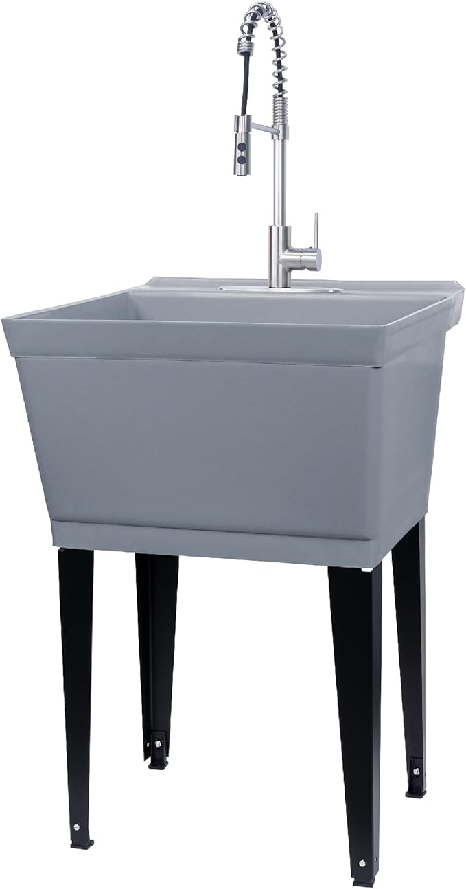 Utility Sink Extra-Deep Laundry Tub in Grey with High-Arc Stainless Steel Coil Pull-Down Sprayer Faucet, Integrated Supply Lines, P-Trap Kit, Heavy Duty Floor Mounted Freestanding Wash Station