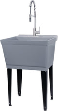 Utility Sink Extra-Deep Laundry Tub in Grey with High-Arc Stainless Steel Coil Pull-Down Sprayer Faucet, Integrated Supply Lines, P-Trap Kit, Heavy Duty Floor Mounted Freestanding Wash Station