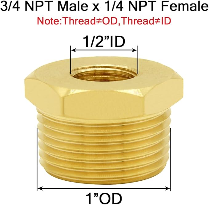 Joywayus Brass Reducer Hex Bushing Reducing Cast Pipe Fitting 3/4" NPT Male x 1/4" NPT Female Adapter(Pack of 2)