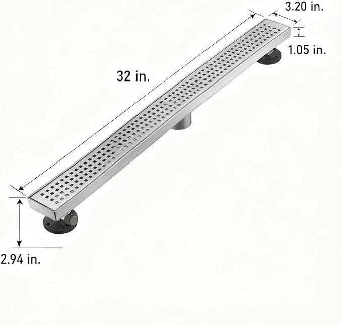 Linear Shower Floor Drain, Brushed Nickel 32 Inch 304 Stainless Steel Bathroom Drains Kit, Long Rectangular Shower Trench Drain with Square Pattern Drain Cover & Hair Catcher