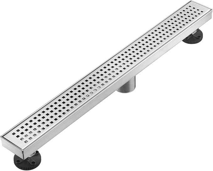 Linear Shower Floor Drain, Brushed Nickel 28 Inch 304 Stainless Steel Bathroom Drains Kit, Long Rectangular Shower Trench Drain with Square Pattern Drain Cover & Hair Catcher
