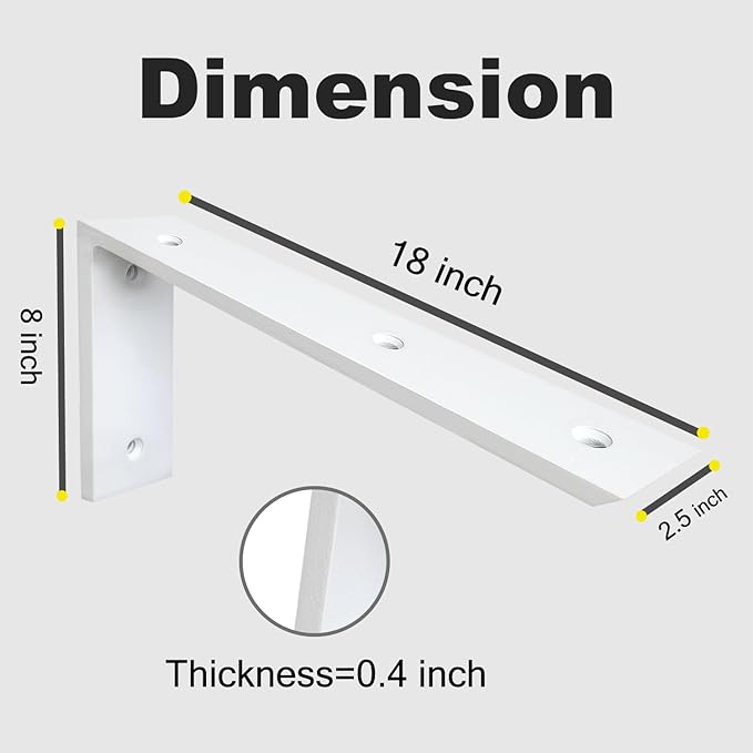 WINKER Countertop Support Bracket 3 Pack Heavy Duty 3/8" Thick Hidden L Shelf Bracket 18" x 8" x 2.5" Metal Corbels for Quartz/Granite/Wood/Concrete/Laminate Countertops, White