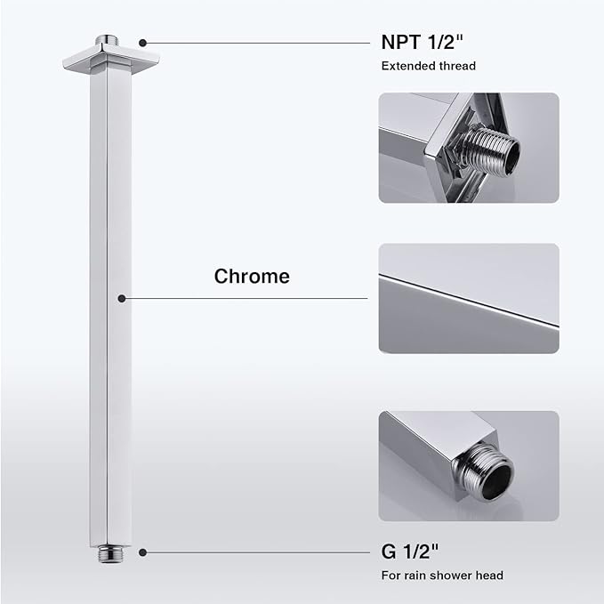 TRUSTMI Square Ceiling Mount Shower Arm with Flange, 16 Inch, Stainless Steel Extension Arm for Rainfall Shower Head, Chrome