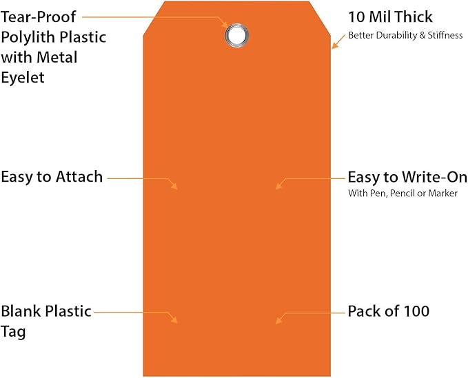 SmartSign 100-Pack Orange Plastic Tags with Pre-Punched Hole, 4.75" x 2.375", Size#5, 10 mil Tearproof Plastic Tags with Metal Eyelet, Writable Blank Tags for Shipping, Labeling, USA-Made
