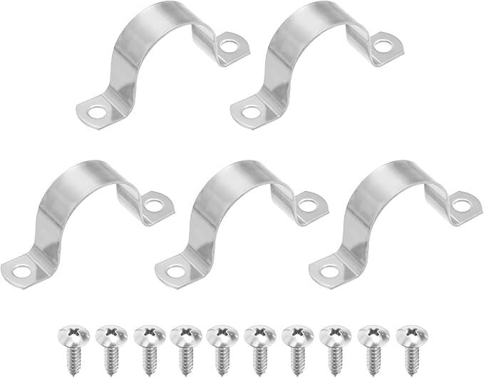 uxcell 5Pcs 42mm(1-5/8") Two Hole Rigid Pipe Strap, 304 Stainless Steel Conduit Clamp Thicken U Bracket Heavy Duty Pipe Clamp with Self-Tapping Screws for Fixing Tube Cable, Silver