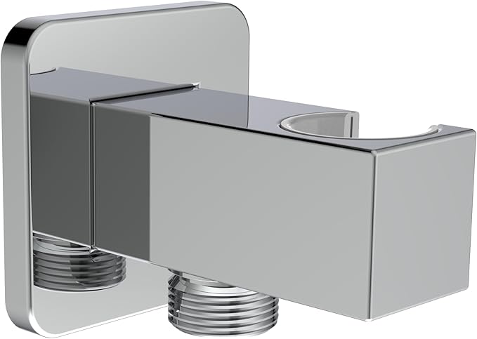 Aquaiaw Wall Supply Elbow with Flange, Tapered 1/2 NPT Female Inlet, Solid Brass Wall Union With Handshower Holder, Square Wall Supply Elbow With Hand Held Shower Head Bracket, Polished Chrome