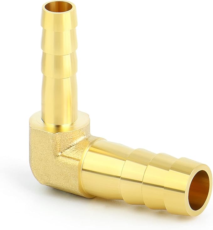 GASHER 2 Pieces Brass Hose Barb Reducer, 3/8 Inch to 1/4 Inch Barb Hose ID 90 Degree L Right Angle Elbow with 4 Hose Clamps, Brass Barb Reducer SPLICER Fitting Fuel/AIR/Water/Oil/Gas/WOG