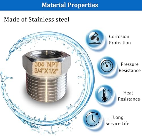 2 Pcs Stainless Steel Bushing 3/4" Male to 1/2" Female, 3/4" to 1/2" Reducer NPT Adapter Hex Stainless Steel Reducing Pipe Adapter Fitting Stainless Steel Fitting Pipe Adapter Convert