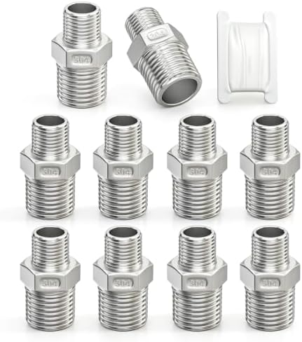 TAISHER 10PCS Cast 304 Stainless Steel Hex Nipple, Reducer Pipe Fitting 3/8-Inch Male Pipe x 1/4-Inch Male Pipe