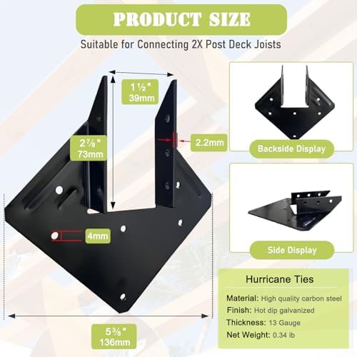12 Pcs Black Hurricane Tie, 13 Gauge(Thickness 2.2mm) Joist Hangers, Fit 2x4,2x6 Truss to Rafter Connector for Roof Truss Timber, Hurricane Truss Hangers, Rafter Brackets,Hurricane Clips