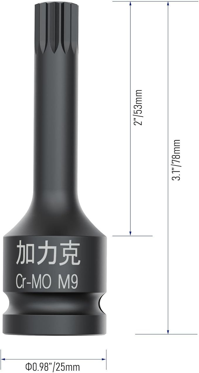 1/2-Inch Drive x M9(9mm） Impact XZN Triple Square Spline Bit Socket, Metric Lengthen Screwdriver Socket Adapter, 3-Inch Length, CR-MO Steel, One-Piece Construction, Black