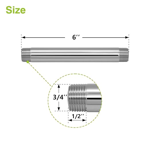 Naiture Brass Heavy Duty 1/2 NPT Connection Threaded Pipe Fitting Nipple, 6" Long, Chrome Finish