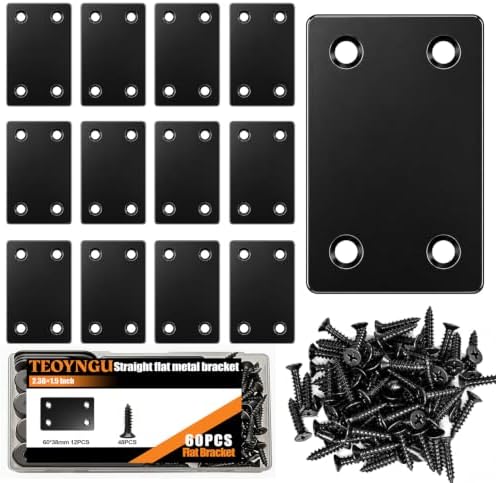 60PCS 2.36×1.5 Inch Flat Plate Straight Bracket, Flat Brace Bracket,Stainless Steel Metal Brace Bracket for Wood with 48PCS Screws