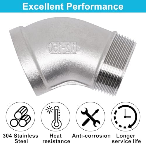 1PCS 45 Degree Elbow Fittings, 1-1/2" NPT Male to 1-1/2" NPT Female 304 Stainless Steel Pipe Fitting, Connector Coupler Apply to Outdoor Garden Industrial