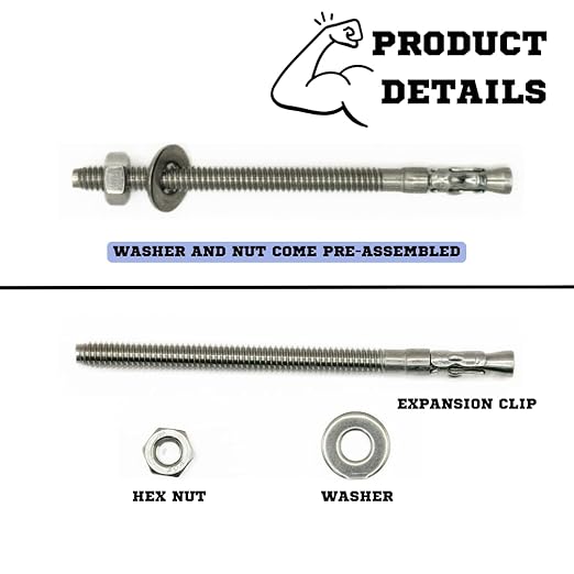 Wedge Anchors – Heavy-Duty 304 Stainless Steel Expansion Bolts for Concrete & Masonry, Rust-Resistant & Durable - 1/4" X 4" - 50 Pack