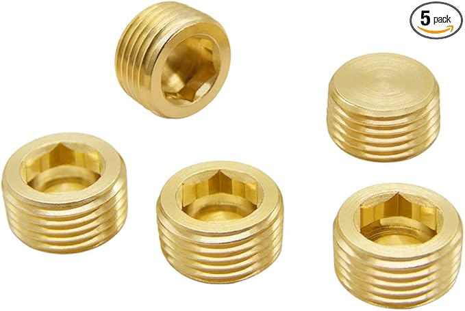 Hooshing 5PCS 1/2" NPT Male Brass Pipe Plug Counter Sunk Internal Hex Thread Pipe Plug