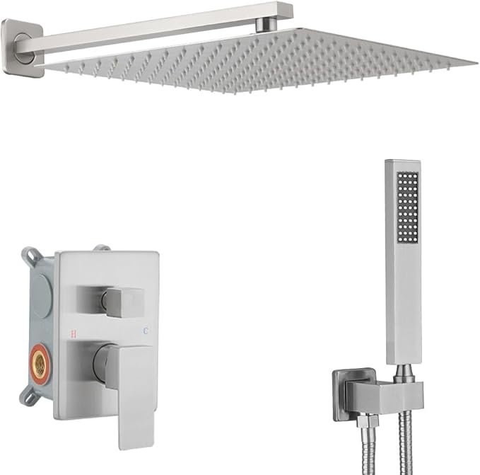 Brushed Nickel Shower System 16 Inch Bathroom Luxury Rain Mixer Shower Combo Set Wall Mounted Rainfall Shower Head and Handheld System Shower Faucet Set Rough-in Valve Body and Trim Kit