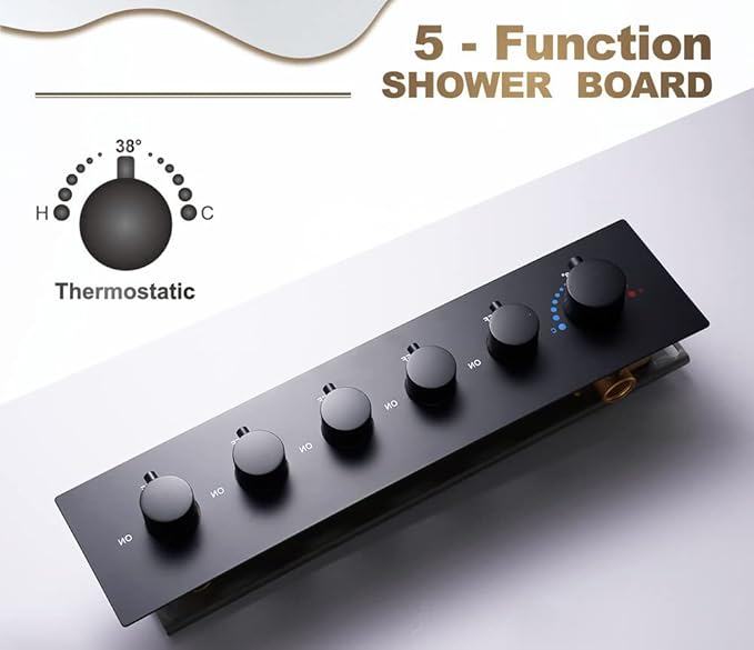 AYIVG 6 Outlet 5 Functions Brass Shower Diverter Thermostatic Valve Pressure Balanced Mixer with Trim Can Use All Function At a Time Flow Can Be Controlled Matte Black
