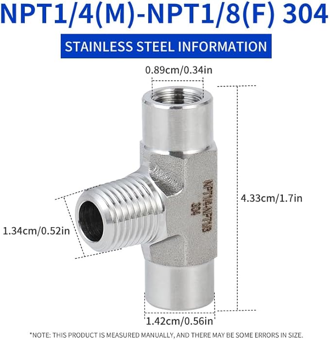 2 piece,NPT1/8 Female - NPT1/4 Male - NPT1/8 Female tee, 3WayConnector, Fabricate of 304 Stainless Steel.