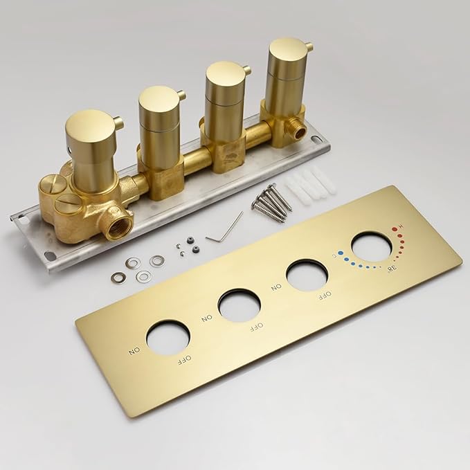 Thermostatic Shower Valve Concealed Mount, Pressure Balancing Brass Shower Mixing Valve Water Flow Can Control, Brushed Gold