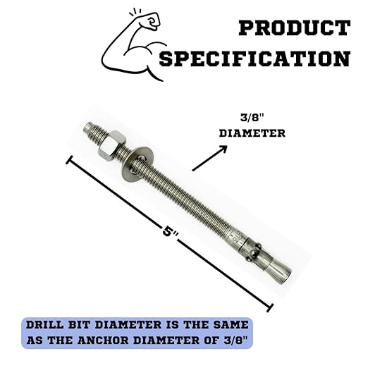 Premium 316 Stainless Steel Wedge Anchor, 3/8"-16 X 5 – Heavy Duty Corrosion Resistant Fastener for Concrete and Masonry Applications 50 Pack