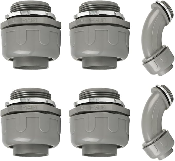 Conduit Connectors, 1-1/4 Inch Liquid Tight Connector NPT Non-Metallic for PVC Electrical Flexible Conduit Fittings, 4 Straight and 2 Angle 90 Degree, UL Listed, Grey (6-Pack)
