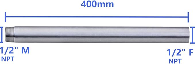 CONSTELLAR 304 Stainless Steel Pipe Fitting - 1/2" NPT Male x 1/2" NPT Female Threaded Thickened Pipe Wall, 400mm (16 inch) Length Heavy Nipple Seamless Pipe (1 Pcs)