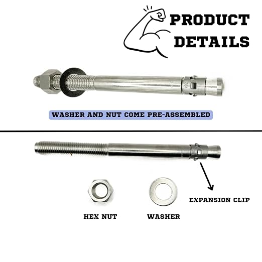 Wedge Anchors – Heavy-Duty 304 Stainless Steel Expansion Bolts for Concrete & Masonry, Rust-Resistant & Durable - 1" X 12" - 5 Pack