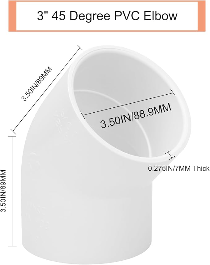 3" 45 Degree PVC Elbow Pipe Fitting Connector (Socket x Socket) Furniture Build Grade SCH40 3 Inch 45 Degree Elbow PVC Corner Adapter for Home Sewer Plumbing Water Line