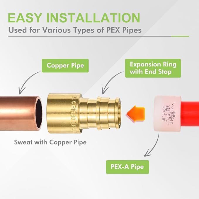 10 Pack Brass Expansion Female Sweat Adapter, 1/2" Pex A Expansion x 1/2" Sweat Brass Expansion Fitting ONLY Full Flow For Pex-A Tubing Connection, NSF/ANSI 61 NSF 372 Certificate