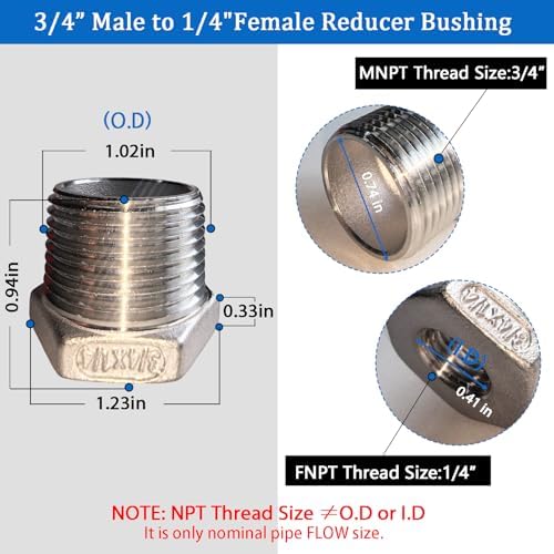 2 Pcs Stainless Steel Bushing 3/4" Male to 1/4" Female, 3/4" to 1/4" NPT Adapter Hex Stainless Steel Reducing Pipe Adapter Fitting Stainless Steel Fitting Pipe Hose Tube Adapter Convert
