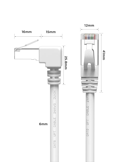 90 Degree Cat6 Ethernet Cable White Down/UP Right Angled CAT 6 Ethernet Patch Cables Gigabit Network Cord RJ45 90 Degree Adapter (Downward Angle, 10FT)