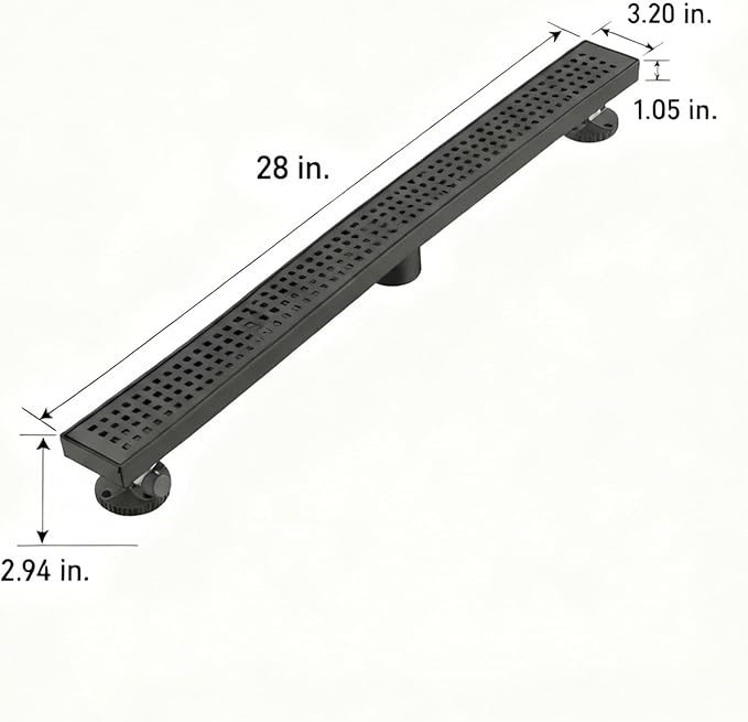 Linear Shower Floor Drain, Matte Black 28 Inch 304 Stainless Steel Bathroom Drains Kit, Long Rectangular Shower Trench Drain with Square Pattern Drain Cover & Hair Catcher